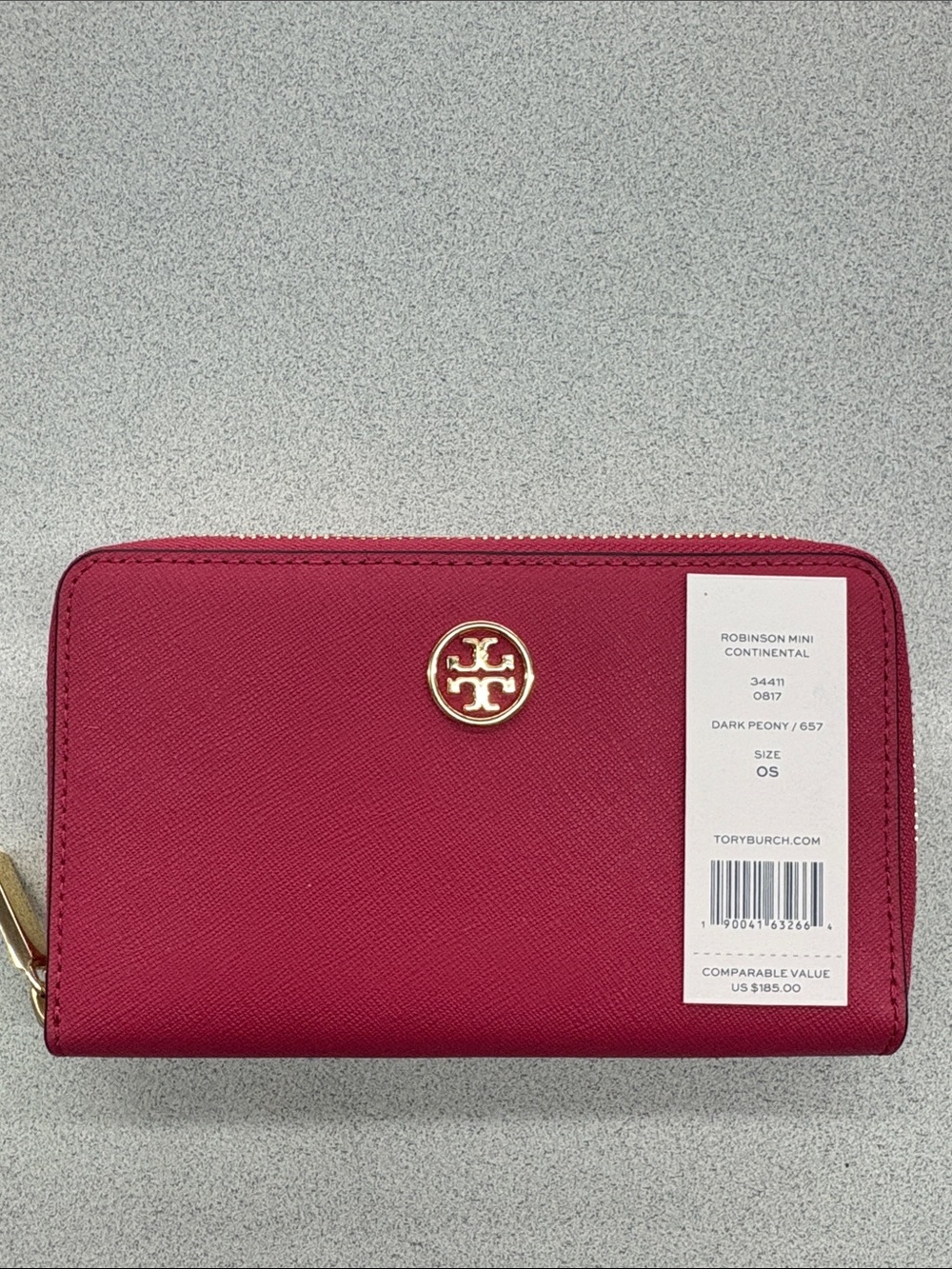 Tory Burch Robinson Mini Continental Wallet in Dark Peony with Gold Logo